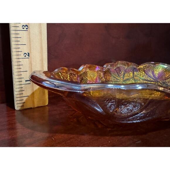 Vintage Carnival Glass Serving Dish Iridescent 9.5” Amber Gold Sunflower Design - Picture 4 of 8